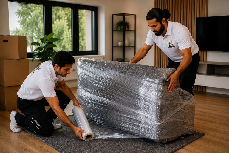 Zwei Mitarbeiter von Meisterhaft Umzüge verpacken ein Sofa mit Stretchfolie für einen sicheren Möbeltransport in Hürth bei Köln.