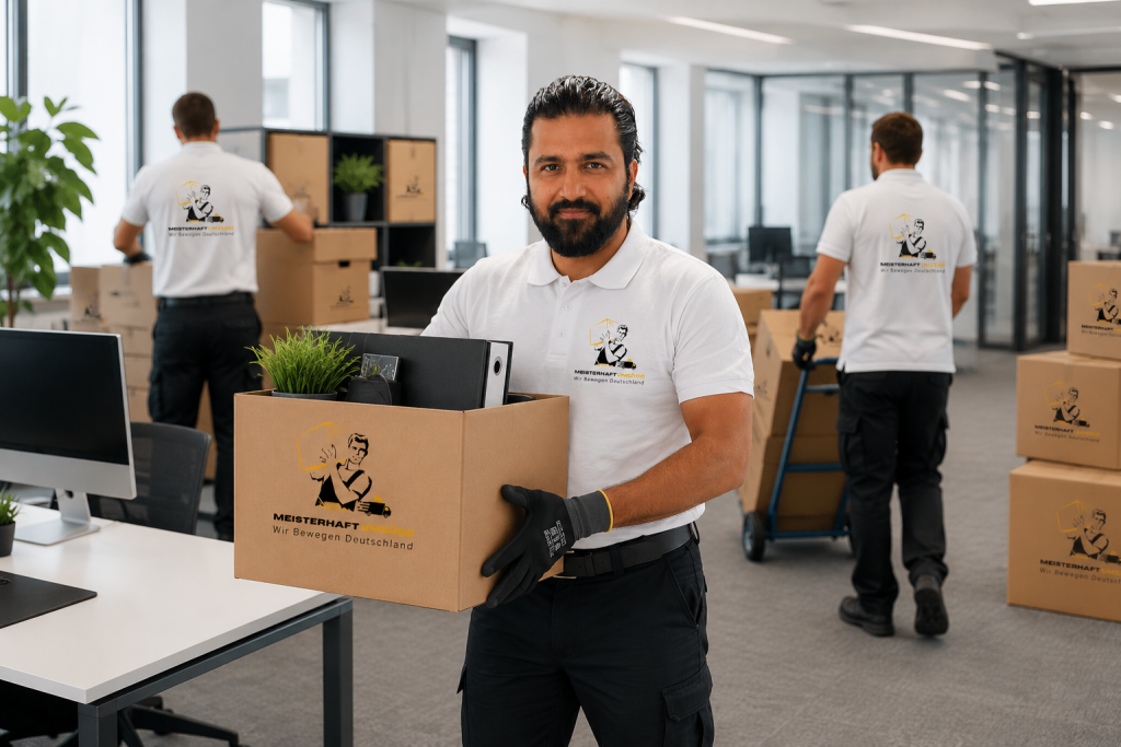 Professionelles Umzugsteam von Meisterhaft Umzüge transportiert Büroeinrichtung und Arbeitsplätze sicher bei einem Firmen- und Büroumzug.
