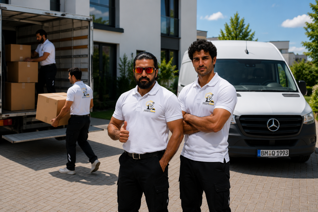 Zwei Mitarbeiter von Meisterhaft Umzüge vor einem weißen Mercedes Sprinter während eines professionellen Umzugs in Hürth bei Köln.