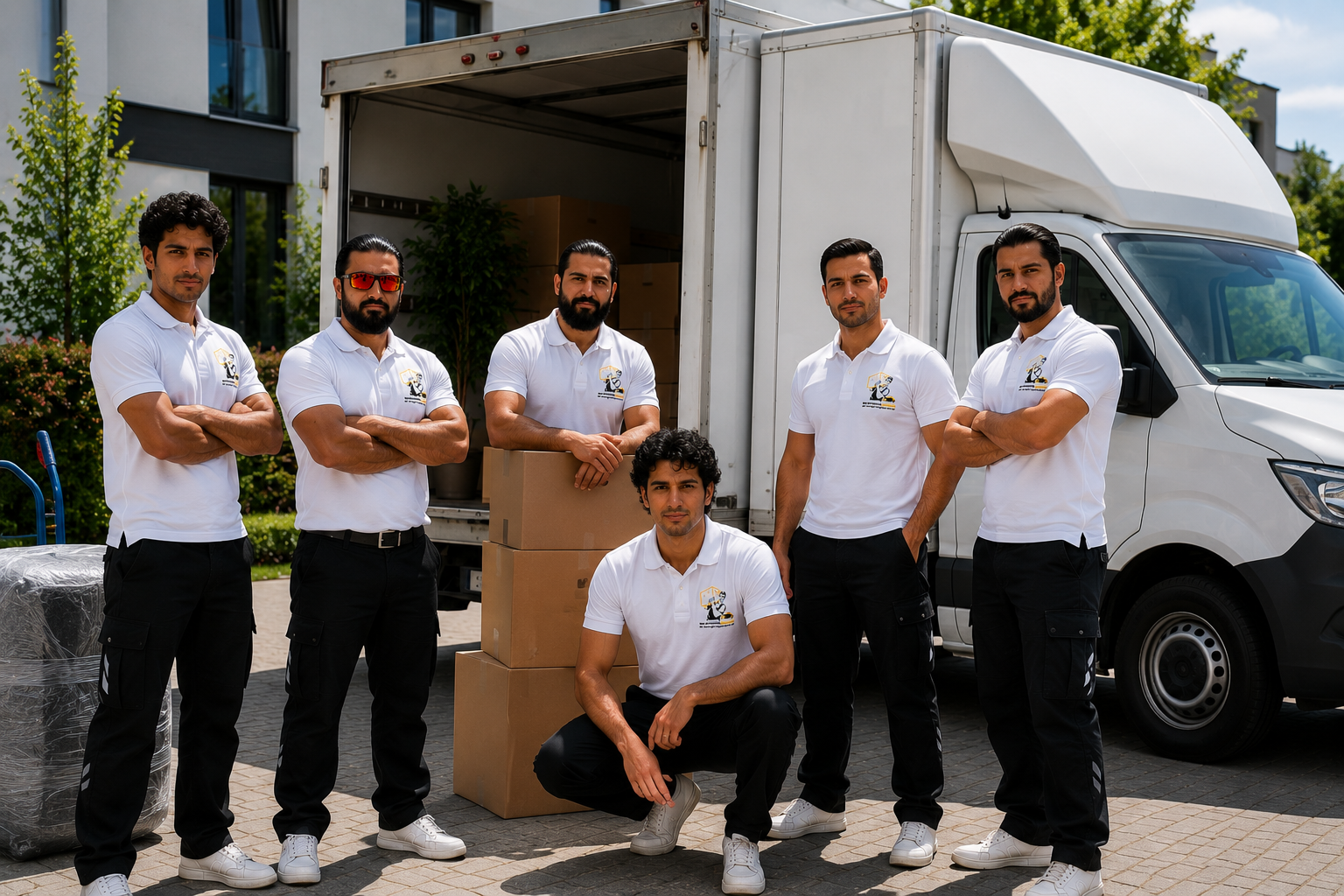 Das professionelle Team von Meisterhaft Umzüge vor einem weißen Mercedes Sprinter und Umzugsfahrzeug in Hürth bei Köln.