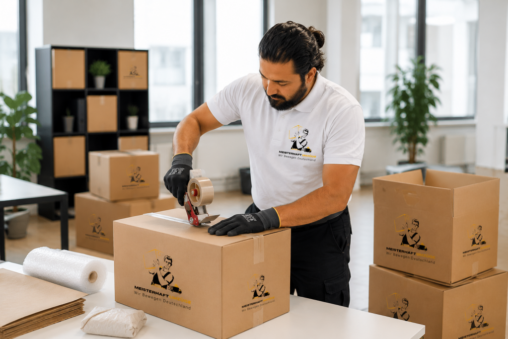 Mitarbeiter von Meisterhaft Umzüge verpackt Umzugskartons und schützt Möbel professionell mit hochwertigem Verpackungsmaterial für einen sicheren Transport.