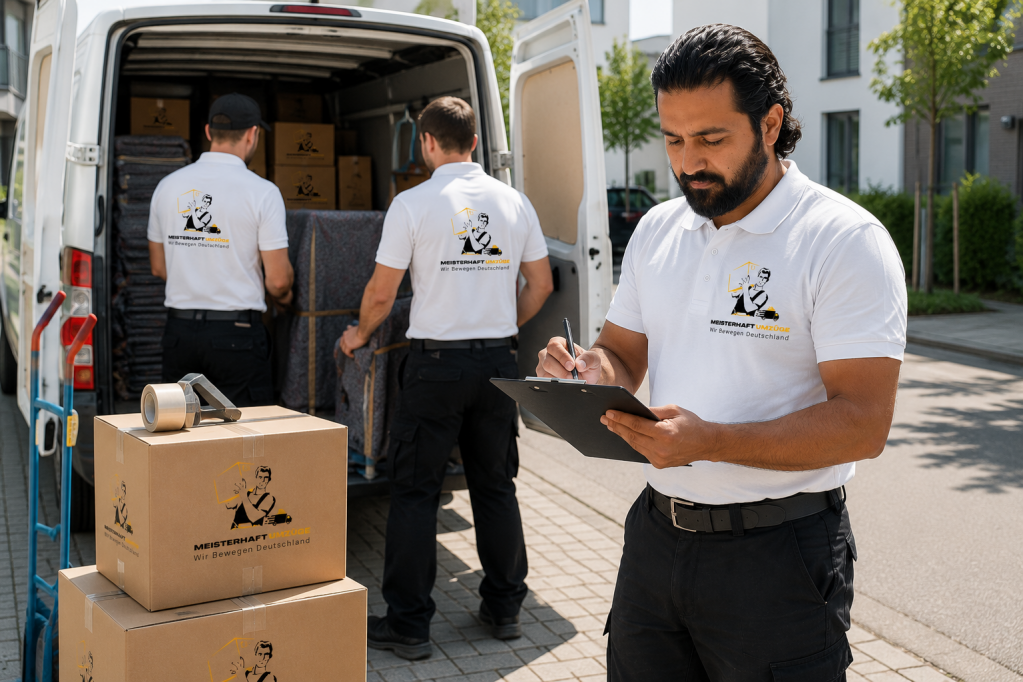 Professionelles Umzugsteam von Meisterhaft Umzüge prüft die Beladung und erstellt eine Checkliste vor dem sicheren Möbeltransport.